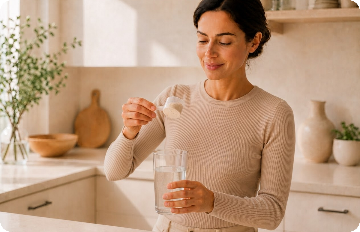 Woman stirring powder into a glass of water
