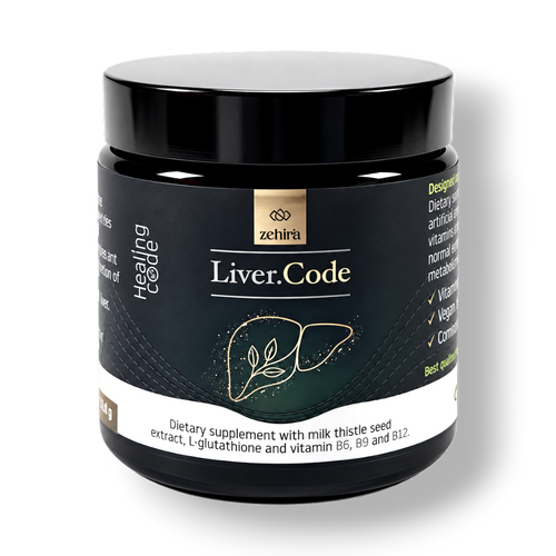 ZEHIRA Liver.Code liver support supplement bottle with black label and gold logo featuring milk thistle and vitamins